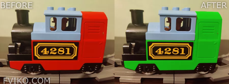 Before and after image of a building block train toy showing color replacement from red to green.