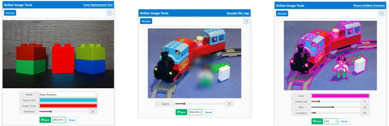 Collage of image editing tools including Color Replacement, Gaussian Blur and Outlines Extractor, and  demonstrating their user interfaces and features.