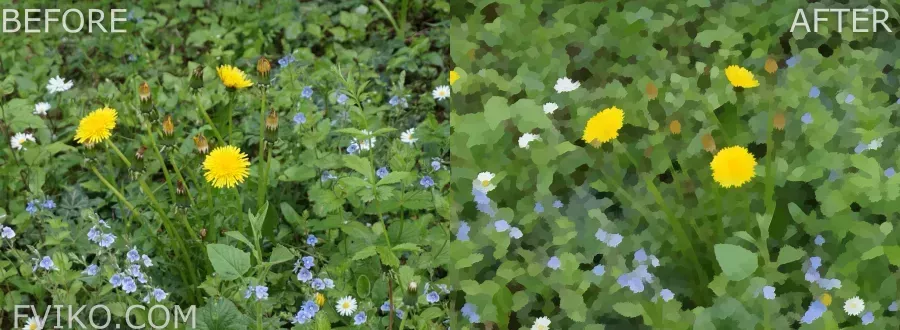 Before-and-after image showing the transformation of yellow, blue, and white flowers on green grass into an oil painting effect.